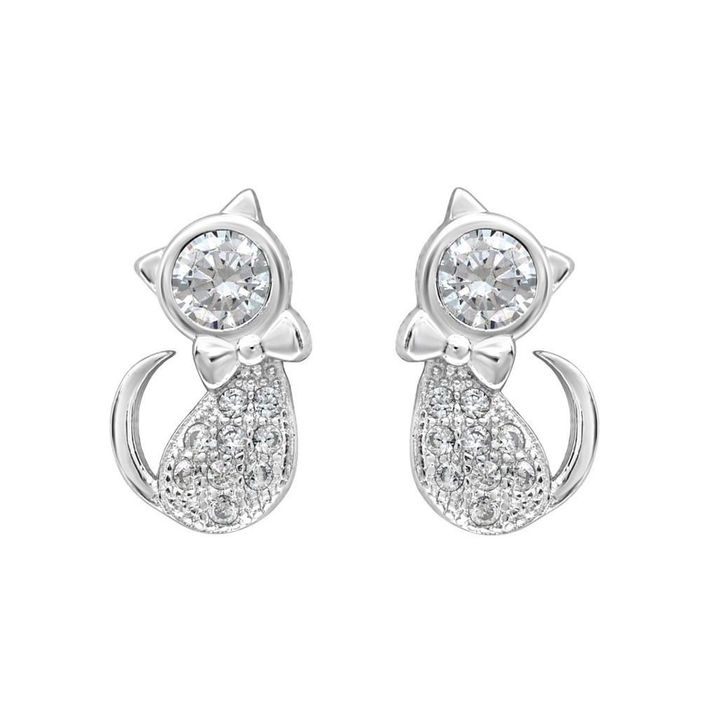 Crystal Cat Stud Earrings – Sterling Silver with CZ Accents